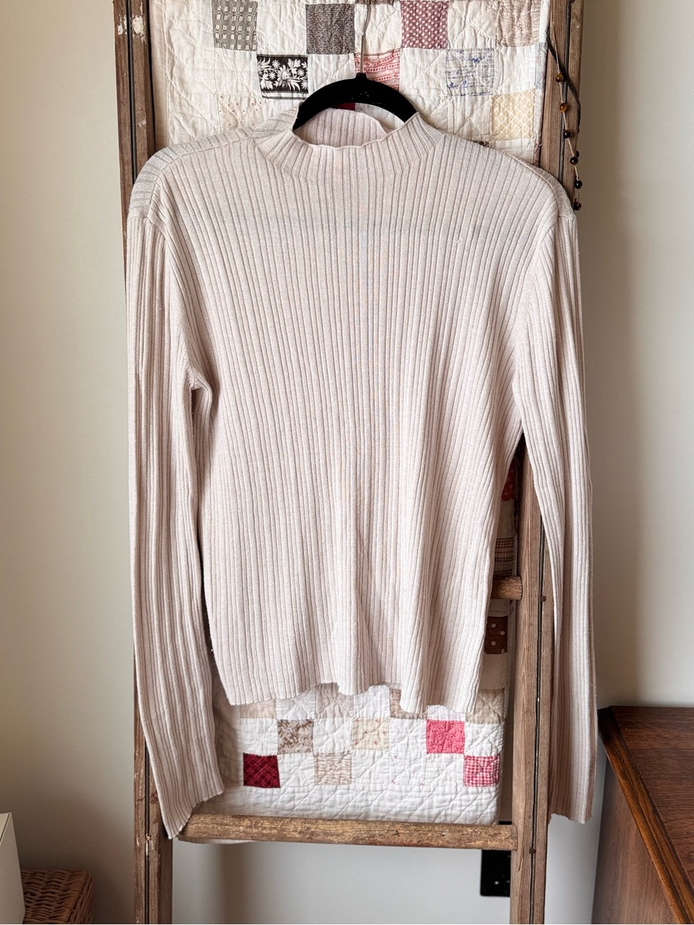 H&M Ribbed Mock-Neck Long Sleeve Top - Cream